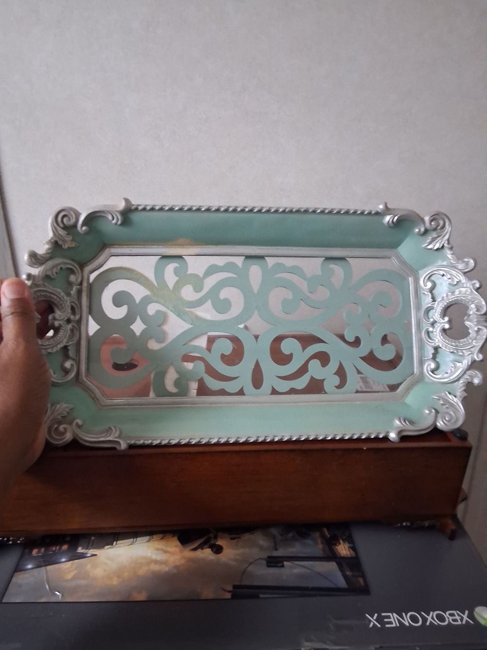 VINTAGE Mint Green and Silver Ornate Vanity/ PERFUME Tray by HOMEGOODS